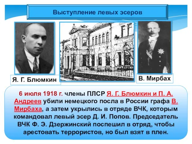 Выступление левых эсеров 6 июля 1918 г. члены ПЛСР Я.