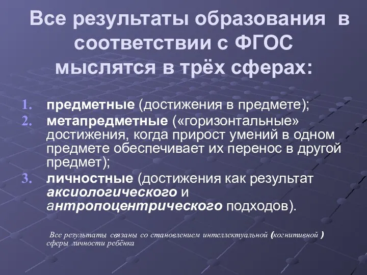 Все результаты образования в соответствии с ФГОС мыслятся в трёх