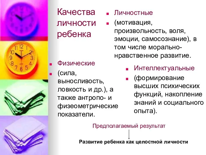 Качества личности ребенка Физические (сила, выносливость, ловкость и др.), а