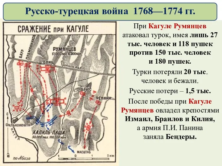 При Кагуле Румянцев атаковал турок, имея лишь 27 тыс. человек