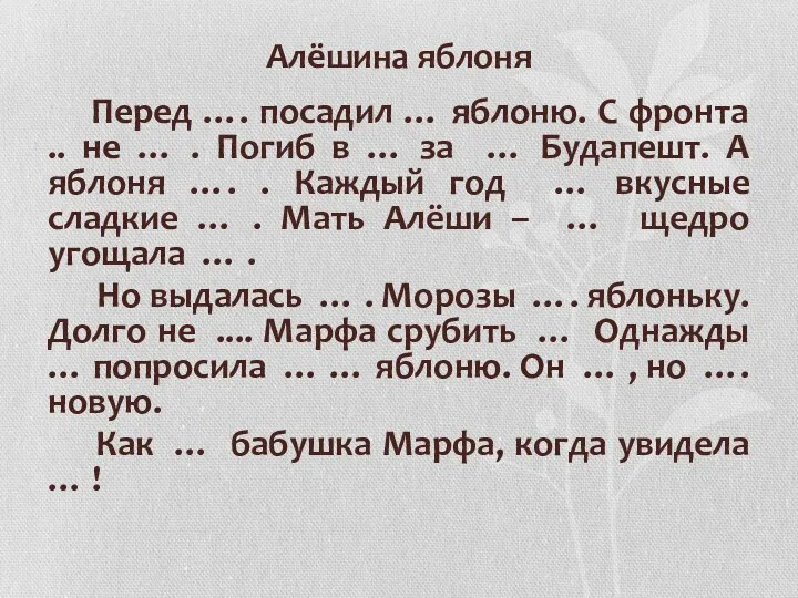 Алёшина яблоня Перед …. посадил … яблоню. С фронта ..