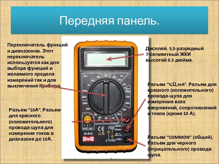 Передняя панель. Переключатель функций и диапазонов. Этот переключатель используется как