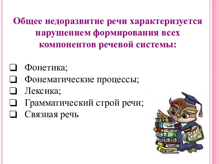 Общее недоразвитие речи характеризуется нарушением формирования всех компонентов речевой системы: