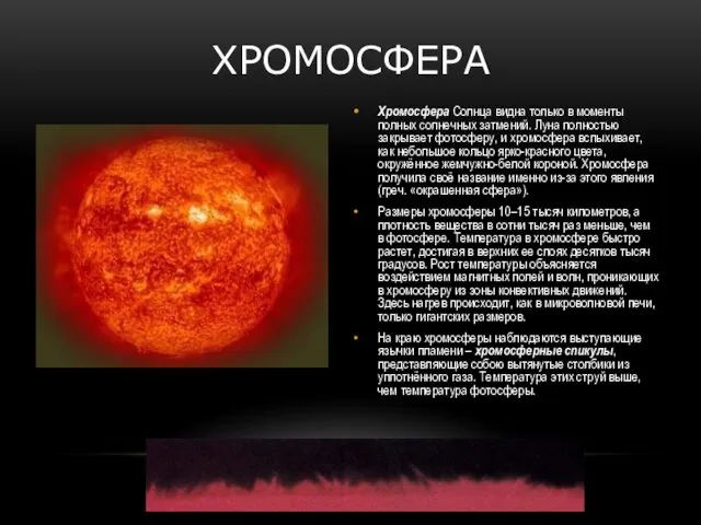 ХРОМОСФЕРА Хромосфера Солнца видна только в моменты полных солнечных затмений. Луна полностью закрывает