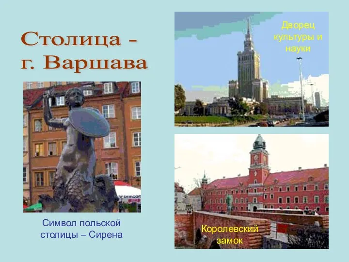 Столица - г. Варшава Символ польской столицы – Сирена Дворец культуры и науки Королевский замок