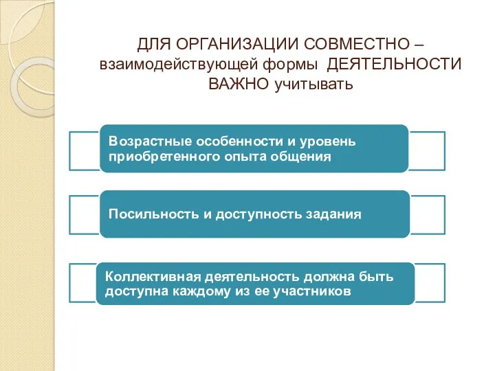 ДЛЯ ОРГАНИЗАЦИИ СОВМЕСТНО – взаимодействующей формы ДЕЯТЕЛЬНОСТИ ВАЖНО учитывать