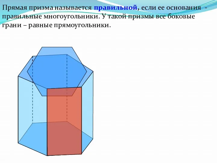 Прямая призма называется правильной, если ее основания - правильные многоугольники.