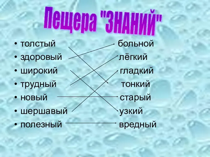 толстый больной здоровый лёгкий широкий гладкий трудный тонкий новый старый шершавый узкий полезный вредный Пещера "ЗНАНИЙ"