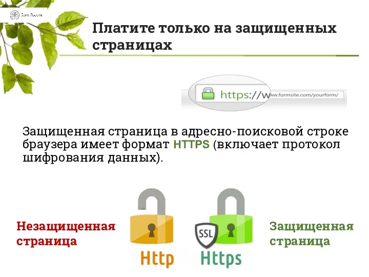 Платите только на защищенных страницах Защищенная страница в адресно-поисковой строке