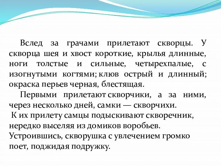 Вслед за грачами прилетают скворцы. У скворца шея и хвост