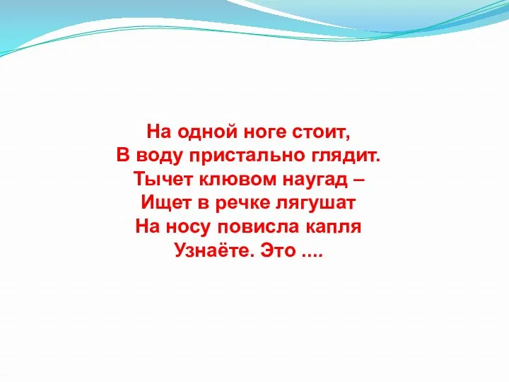 На одной ноге стоит, В воду пристально глядит. Тычет клювом