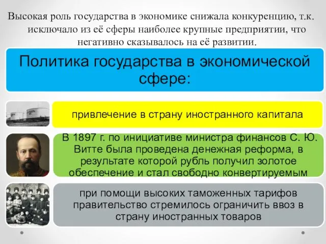 Высокая роль государства в экономике снижала конкуренцию, т.к. исключало из