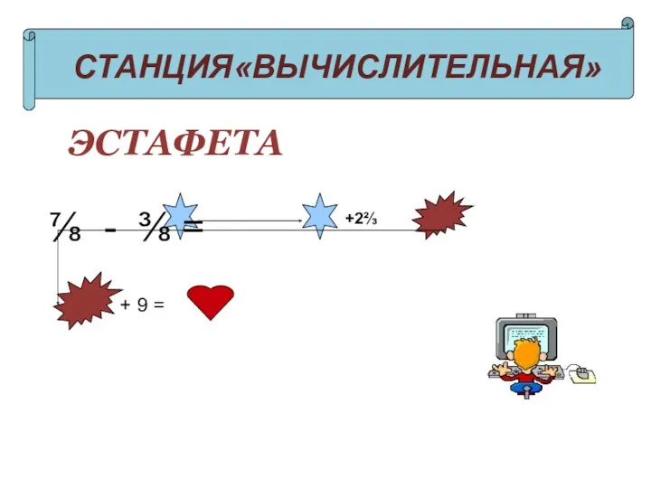 СТАНЦИЯ«ВЫЧИСЛИТЕЛЬНАЯ» ЭСТАФЕТА ⅞ - ⅜ = +2⅔ + 9 = 5964