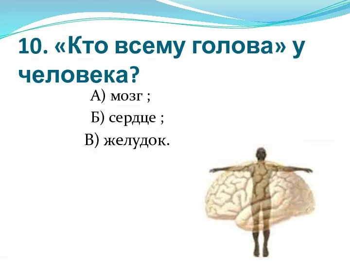 10. «Кто всему голова» у человека? А) мозг ; Б) сердце ; В) желудок.