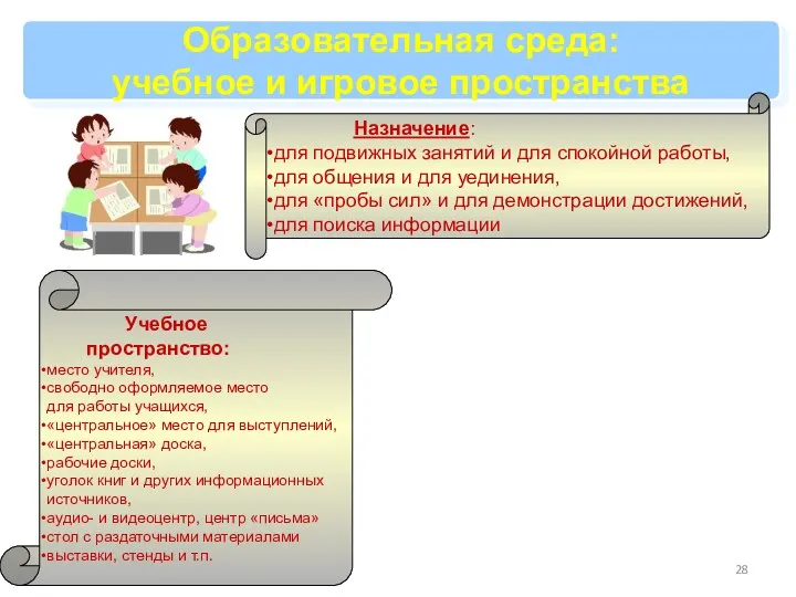 Образовательная среда: учебное и игровое пространства Назначение: для подвижных занятий