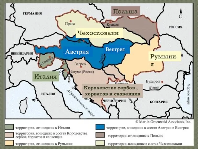 Распад империи Польша Румыния Италия Королевство сербов , хорватов и словенцев Чехословакия Австрия Венгрия