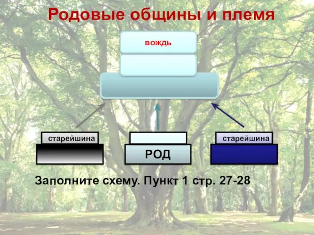 Родовые общины и племя Заполните схему. Пункт 1 стр. 27-28 РОД старейшина старейшина вождь