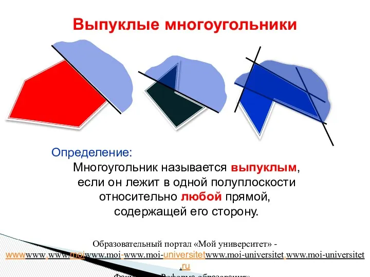 Выпуклые многоугольники Определение: Многоугольник называется выпуклым, если он лежит в одной полуплоскости относительно