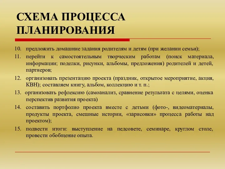 СХЕМА ПРОЦЕССА ПЛАНИРОВАНИЯ 10. предложить домашние задания родителям и детям