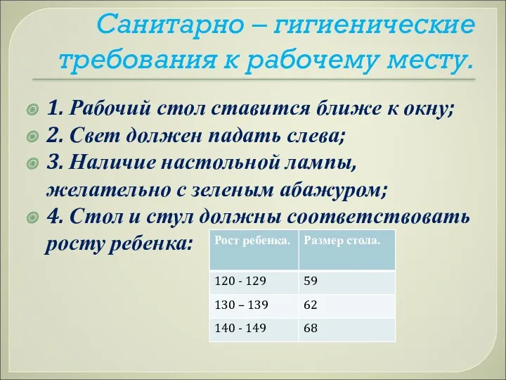 Санитарно – гигиенические требования к рабочему месту. 1. Рабочий стол