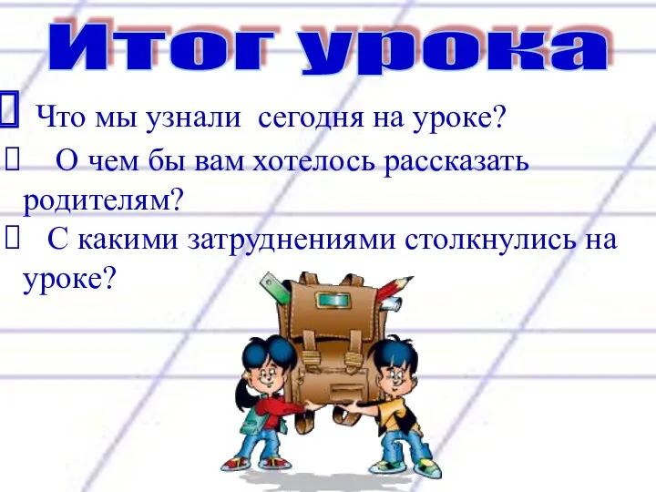 Итог урока Что мы узнали сегодня на уроке? О чем