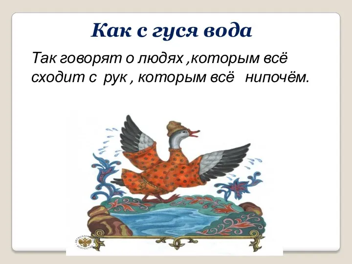 Как с гуся вода Так говорят о людях ,которым всё