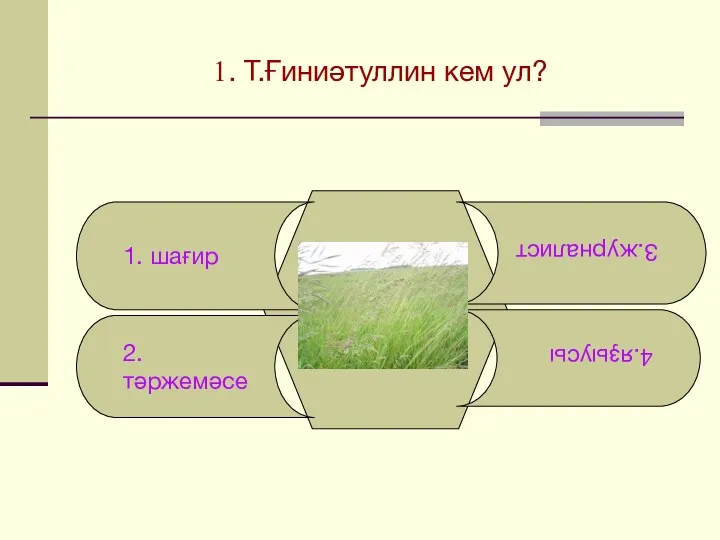 1. Т.Ғиниәтуллин кем ул? 1. шағир 2. тәржемәсе 4.яҙыусы 3.журналист