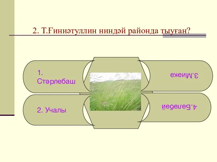 2. Т.Ғиниәтуллин ниндәй районда тыуған? 1. Стәрлебаш 2. Учалы 4.Бәләбәй 3.Миәкә