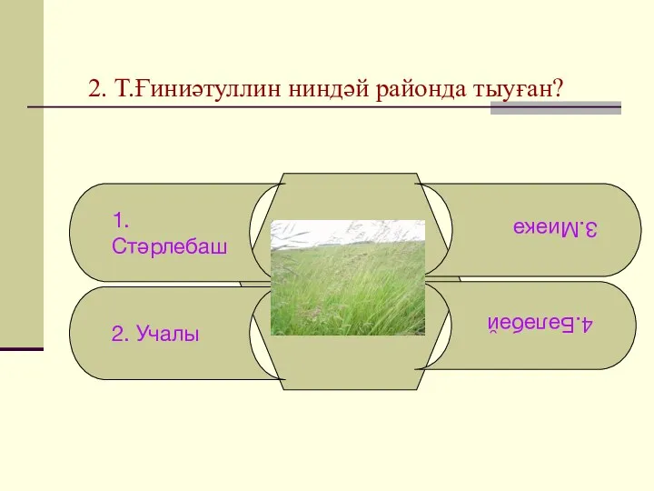 2. Т.Ғиниәтуллин ниндәй районда тыуған? 1. Стәрлебаш 2. Учалы 4.Бәләбәй 3.Миәкә