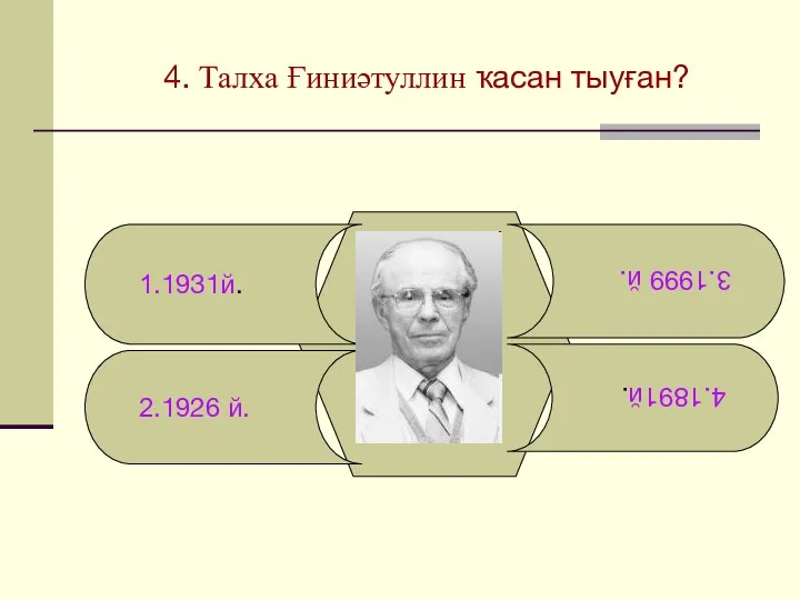 4. Талха Ғиниәтуллин ҡасан тыуған? 1.1931й. 2.1926 й. 4.1891й. 3.1999 й.