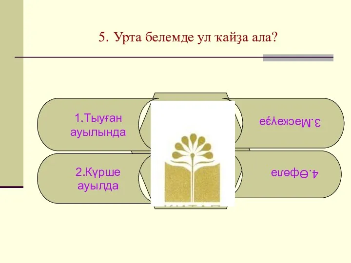 5. Урта белемде ул ҡайҙа ала? 1.Тыуған ауылында 2.Күрше ауылда 4.Өфөлә 3.Мәскәүҙә