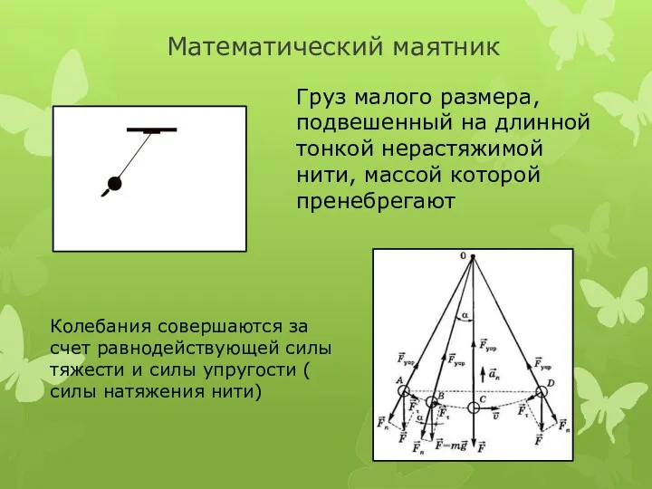 Математический маятник Груз малого размера, подвешенный на длинной тонкой нерастяжимой нити, массой которой