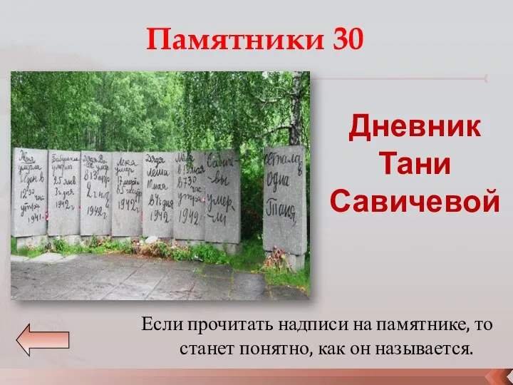 Памятники 30 Если прочитать надписи на памятнике, то станет понятно, как он называется. Дневник Тани Савичевой