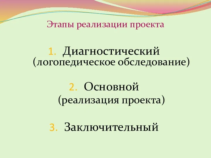 Этапы реализации проекта Диагностический (логопедическое обследование) Основной (реализация проекта) Заключительный