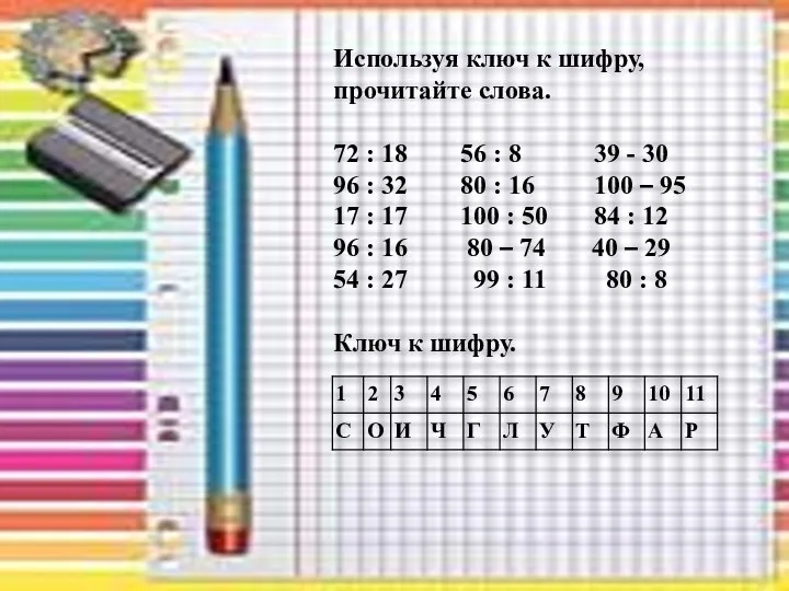 Используя ключ к шифру, прочитайте слова. 72 : 18 56