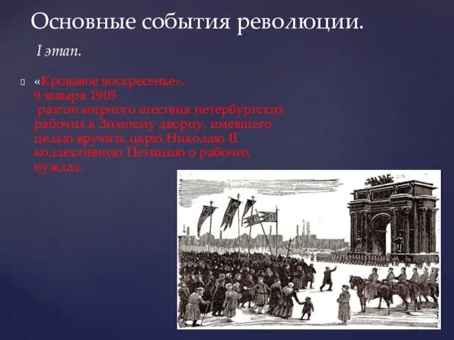 «Кровавое воскресенье». 9 января 1905 разгон мирного шествия петербургских рабочих к Зимнему дворцу,