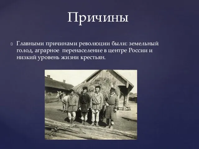 Главными причинами революции были: земельный голод, аграрное перенаселение в центре России и низкий