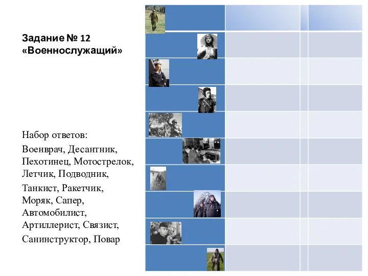 Задание № 12 «Военнослужащий» Набор ответов: Военврач, Десантник, Пехотинец, Мотострелок,