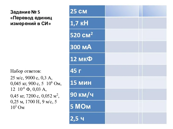 Задание № 5 «Перевод единиц измерений в СИ» Набор ответов: