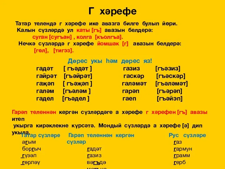 Г хәрефе Татар телендә г хәрефе ике авазга билге булып йөри. Калын сүзләрдә