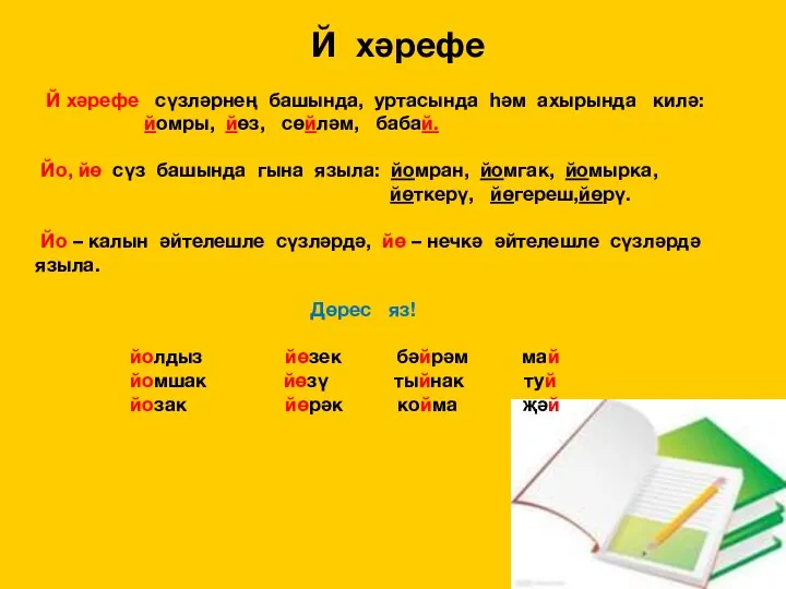 Й хәрефе Й хәрефе сүзләрнең башында, уртасында һәм ахырында килә: йомры, йөз, сөйләм,