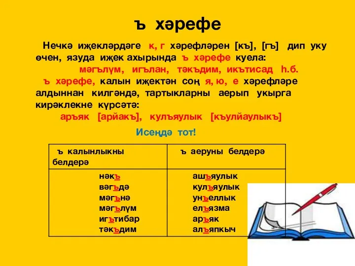 ъ хәрефе Нечкә иҗекләрдәге к, г хәрефләрен [къ], [гъ] дип уку өчен, язуда