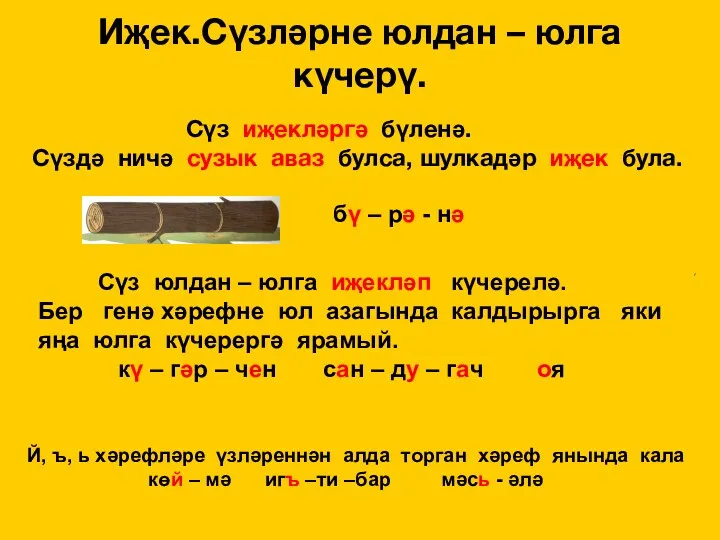 Иҗек.Сүзләрне юлдан – юлга күчерү. Сүз иҗекләргә бүленә. Сүздә ничә