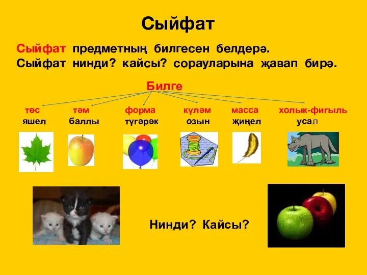 Сыйфат Сыйфат предметның билгесен белдерә. Сыйфат нинди? кайсы? сорауларына җавап