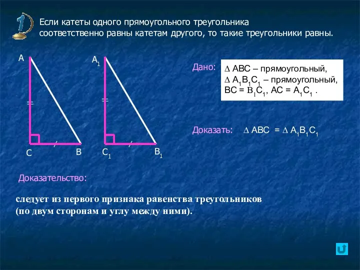 Если катеты одного прямоугольного треугольника соответственно равны катетам другого, то такие треугольники равны.