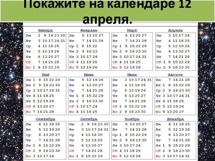 Покажите на календаре 12 апреля.