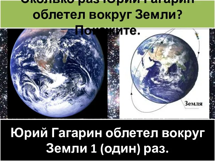 Юрий Гагарин облетел вокруг Земли 1 (один) раз. Сколько раз Юрий Гагарин облетел вокруг Земли? Покажите.