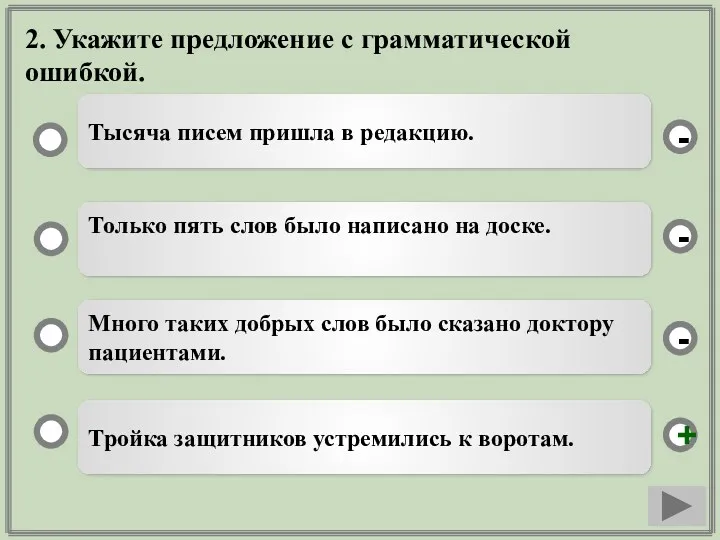 2. Укажите предложение с грамматической ошибкой. Тройка защитников устремились к