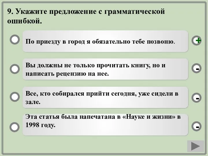 9. Укажите предложение с грамматической ошибкой. По приезду в город