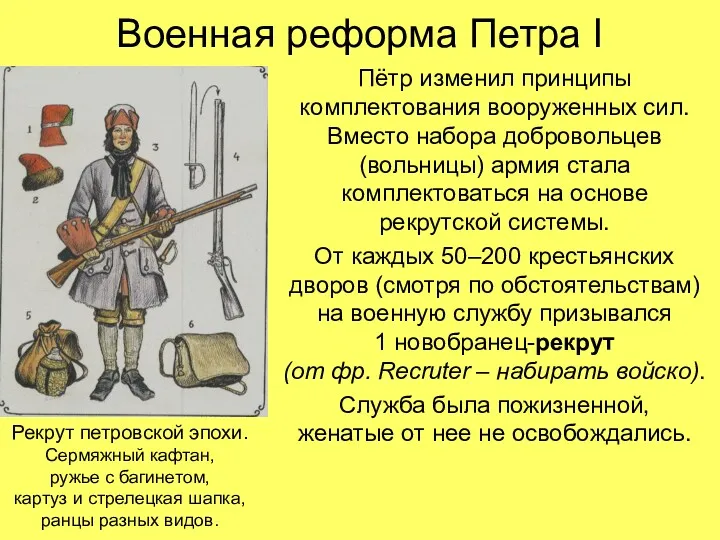 Военная реформа Петра I Пётр изменил принципы комплектования вооруженных сил.